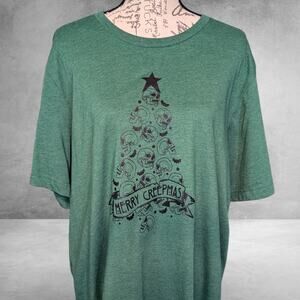 Merry Creepmas Gothic Christmas Tree Skull T-Shirt, Green XL